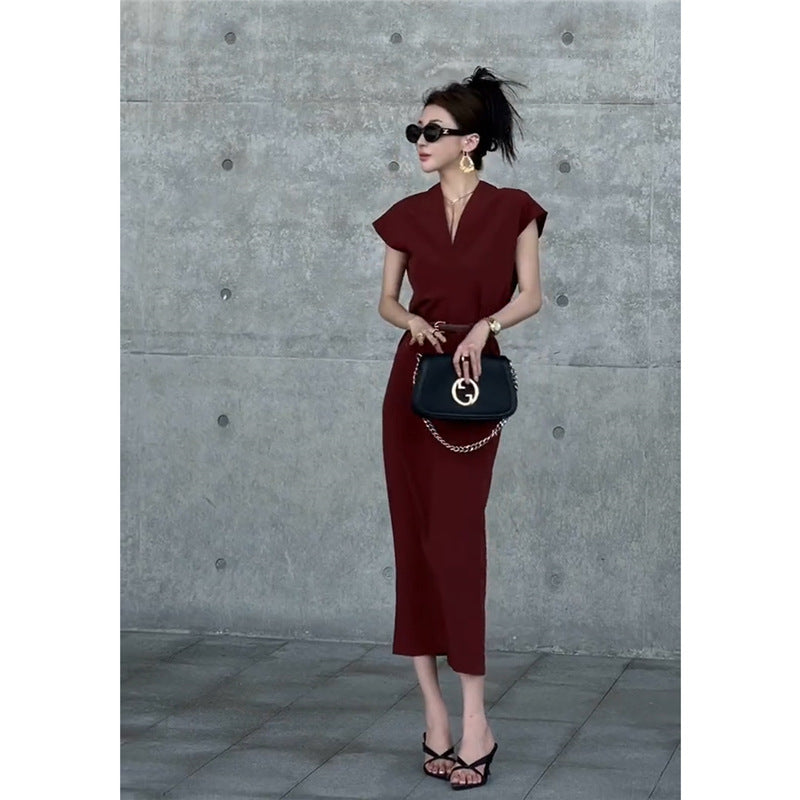 Wine-Red Silk Cotton A-Line Summer Dress with Belt