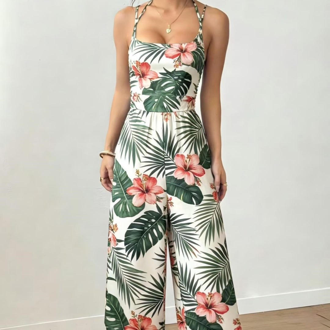 Women's Backless Strappy Printed Wide-Leg Jumpsuit