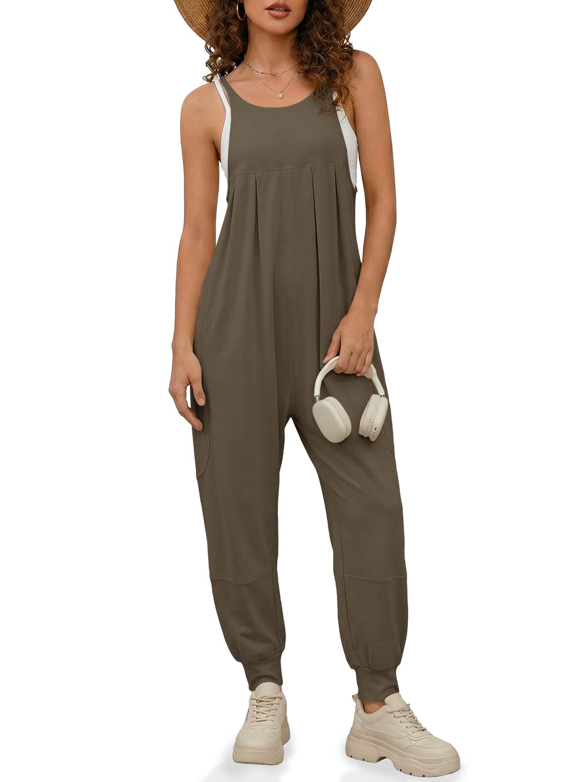 Fisoew Jumpsuits For Women Summer Casual Overalls Spaghetti Strap Sleeveless Pleated Rompers Jumpers With Pockets
