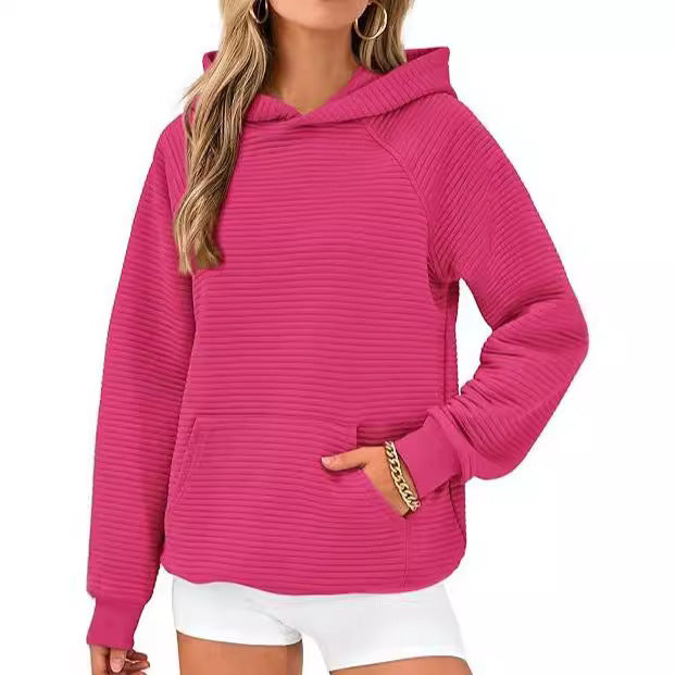 Women's Long Sleeve Hooded Plaid & Stripe Pullover Top
