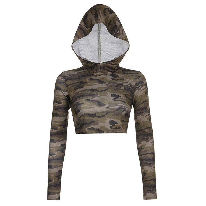 Camo Cutout Long Sleeve Crop Top with Adjustable Buckle
