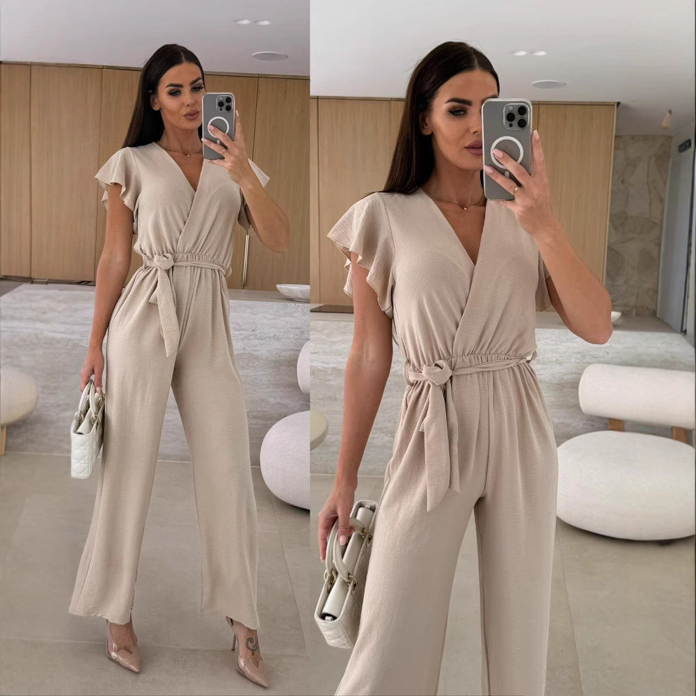 Chic V-Neck Lace-Up Waist Straight-Leg Jumpsuit