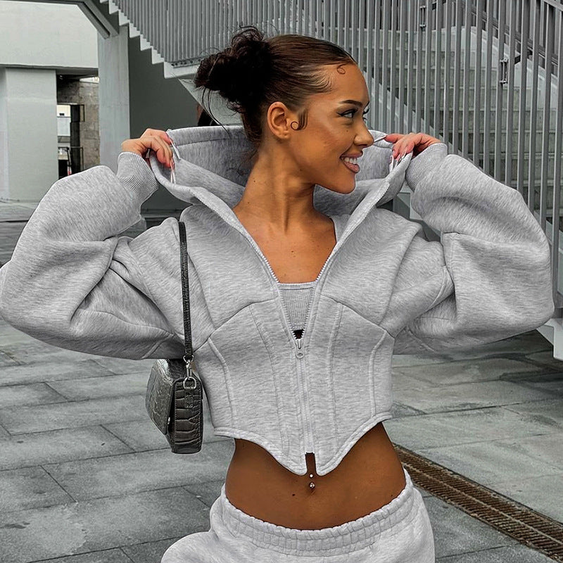 Women's Zip-Up Hooded Cropped Cardigan