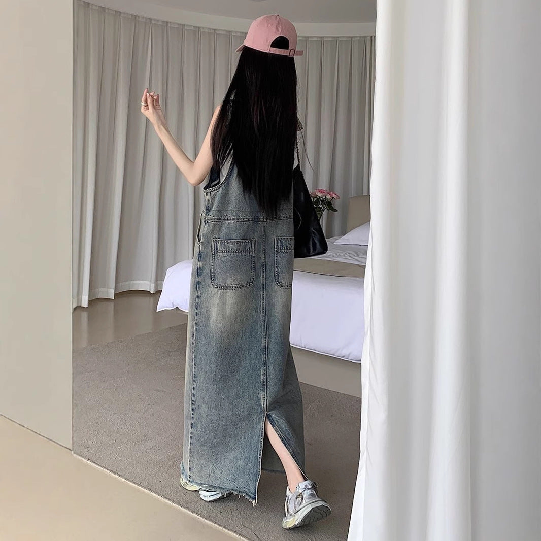 Retro Denim Slip Dress Casual Sleeveless Long Strap Dress