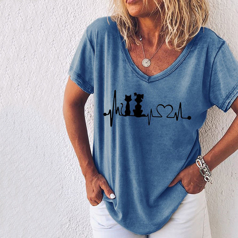 Women's 3D Printed Loose V-Neck Short Sleeve Top