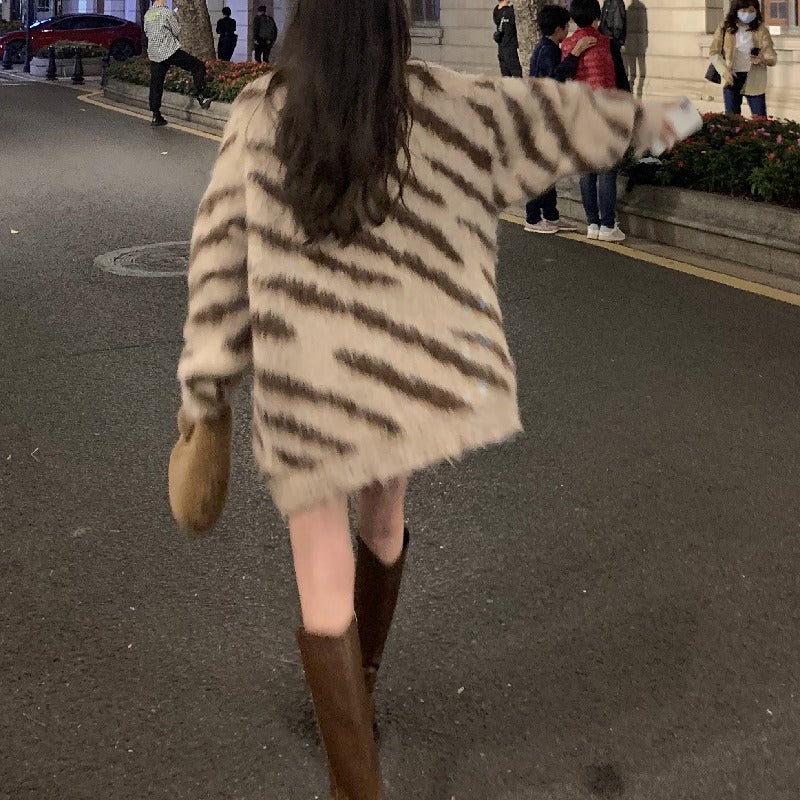 Loose Pullover Zebra Striped Sweater Round Neck Niche Women