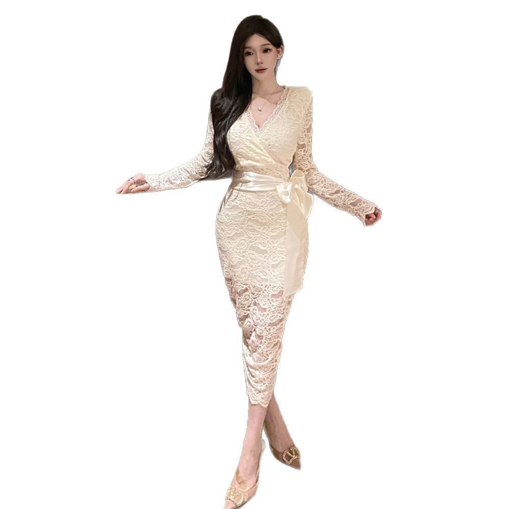 Women's Lace Bodycon Dress with Bow Tie