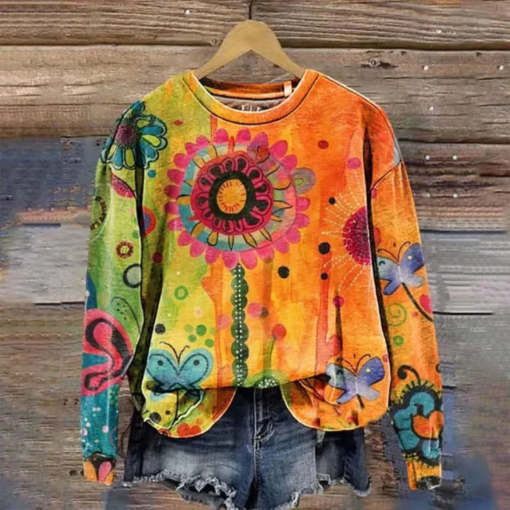 Women's Printed Drop-Shoulder Casual Pullover Sweater