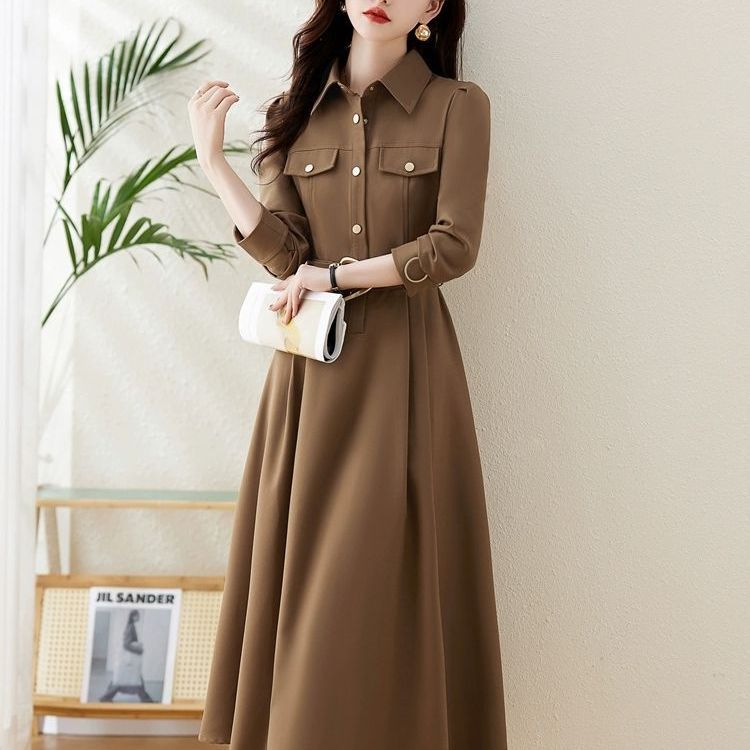 Elegant Lapel A-Line Midi Dress with Fitted Waist