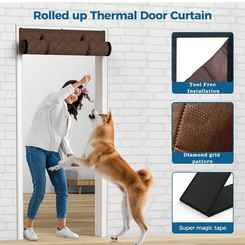 Rollable Magnetic Cotton Insulated Door Curtain, Block Outdoor Cold Wind Lock Indoor Heat, Thick Oxford Windproof Door Drape for Yard Home Entrance Winter Reduce Heating Cost