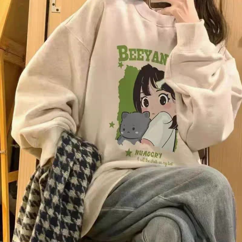 Cozy Fleece-Lined Cartoon Graphic Pullover Sweater