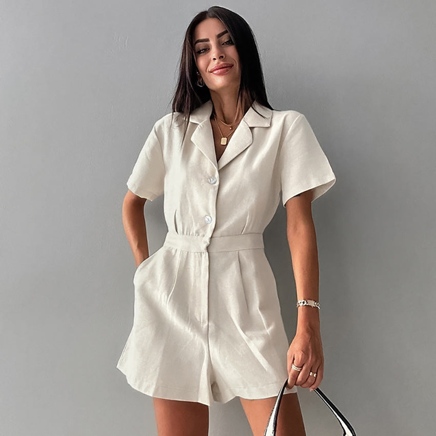 Solid Color Casual Linen Wide-Leg Jumpsuit