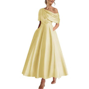 Satin Off-the-Shoulder Draped Party Dress