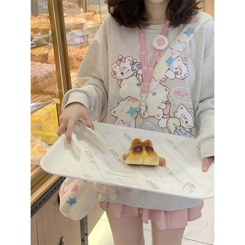 Cute Cartoon Fleece-Lined College Style Sweatshirt