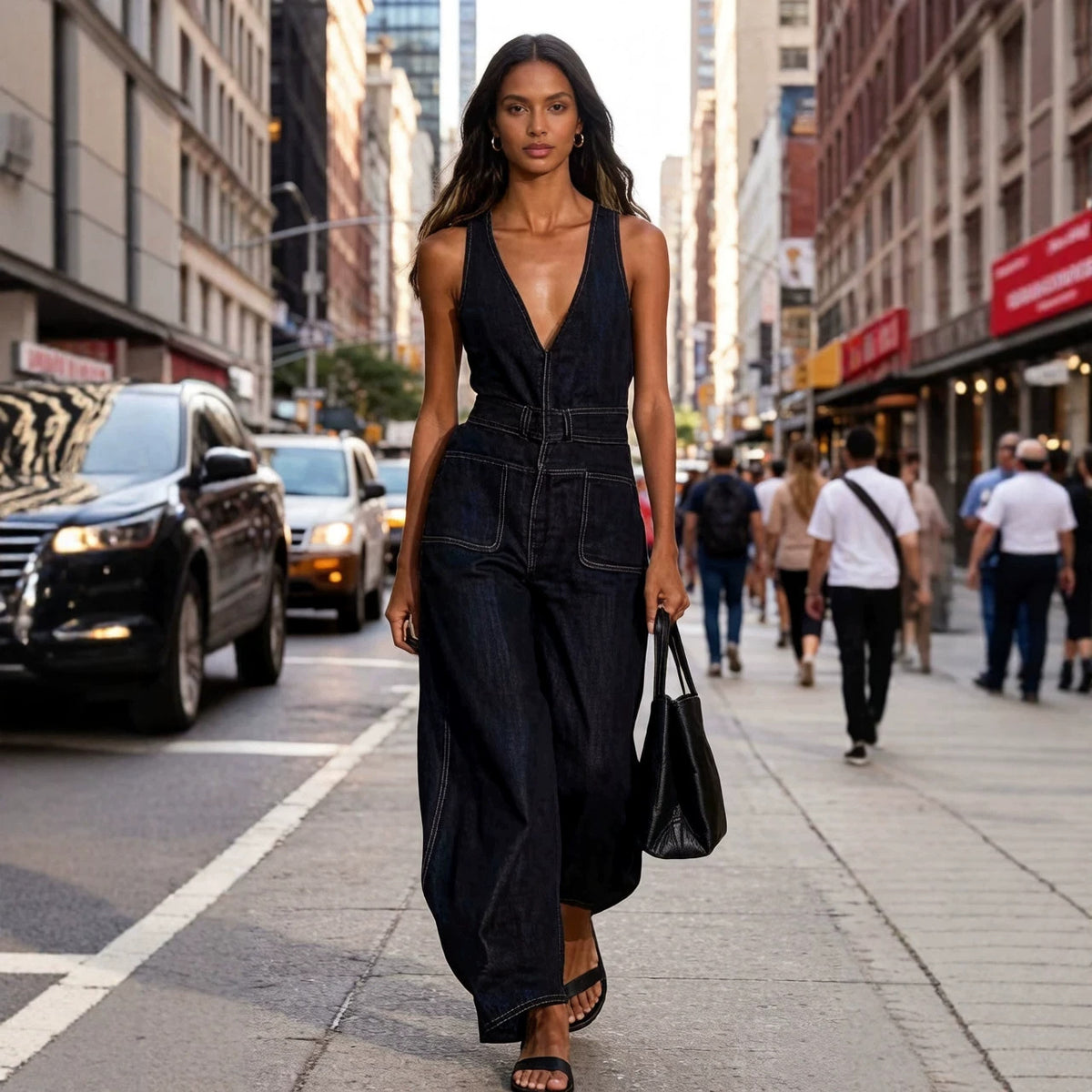 Deep-V Sleeveless Denim Wide-Leg Jumpsuit