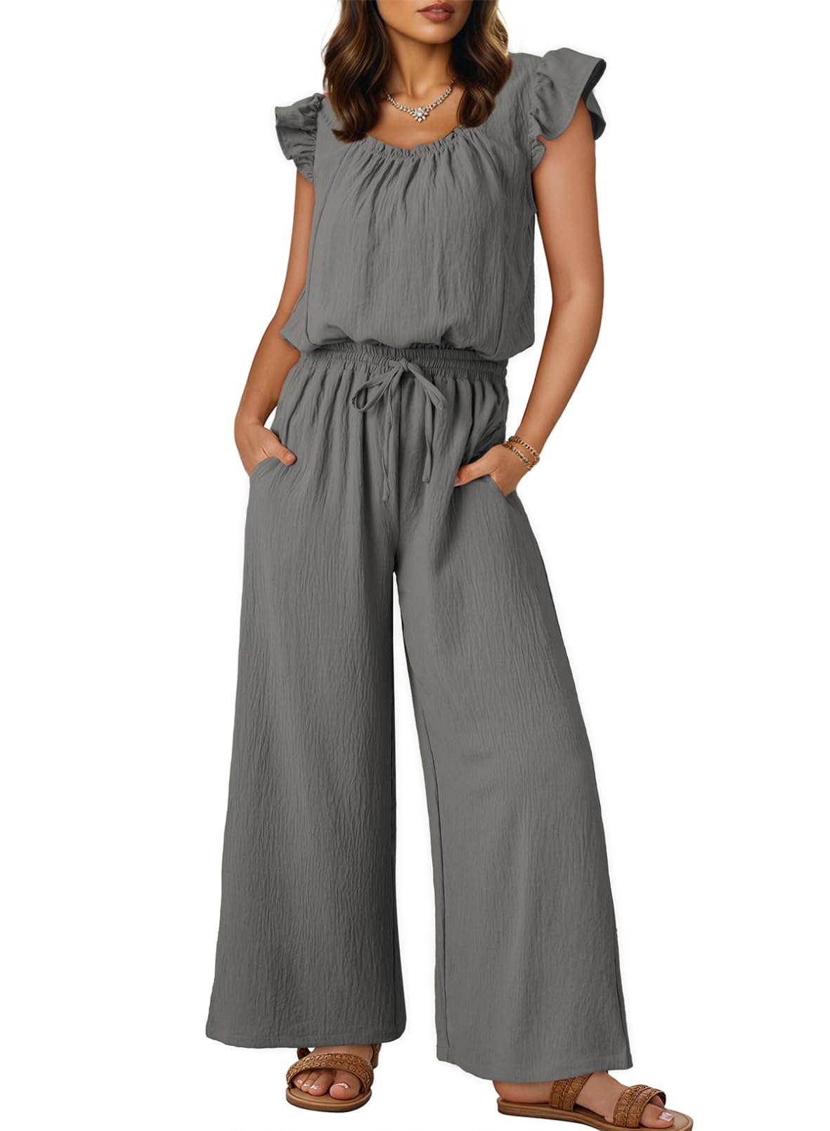 Chic Pleated Square Collar Camisole & Wide Leg Jumpsuit