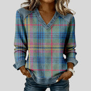 Digital-print Plaid Patchwork Denim Crewneck Loose Womens Sweatshirt