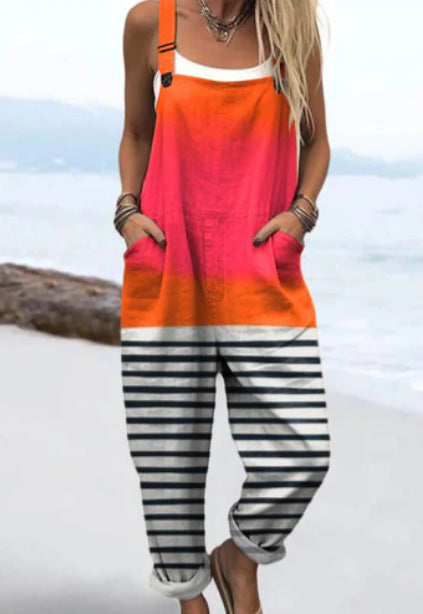 Women's Sweet Digital Print Button Suspender Casual Pants