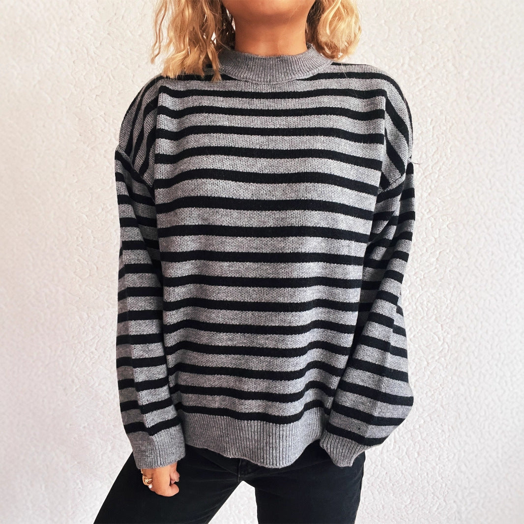 New Contrast Color Striped Knitted Sweater for Women