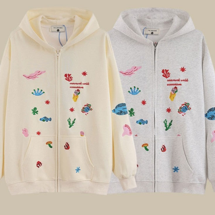 Japanese Style Geometric Hooded Zipper Cardigan