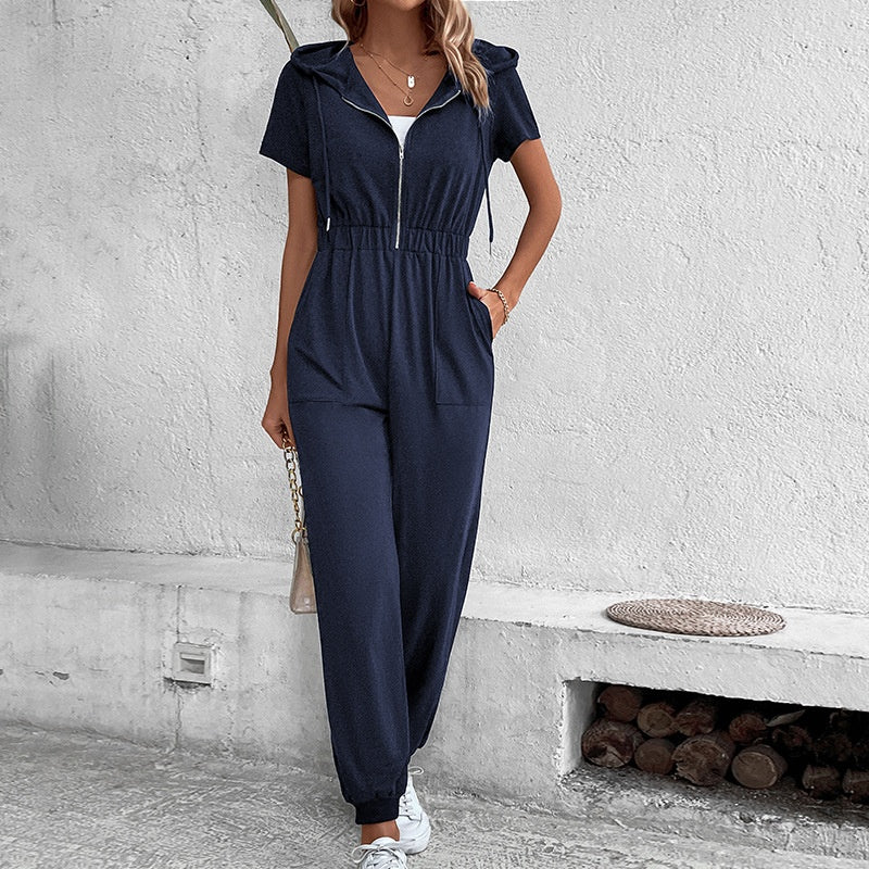 European And American-style Hooded Workwear Casual Jumpsuit