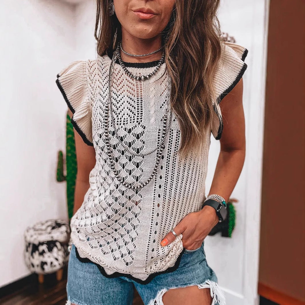 Elegant White Crew-Neck Knit Top with 3D Hollow-Out Design