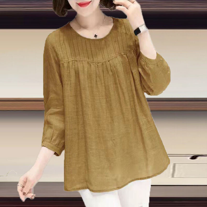 Women's Cotton Linen Round Collar Retro Blouse