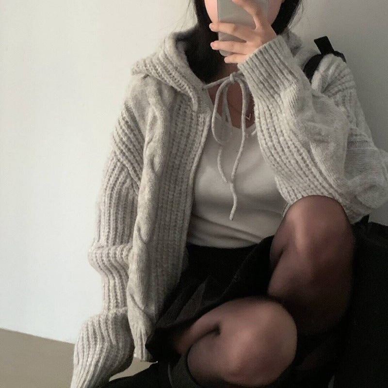 Loose and Idle Twist Hooded Double-headed Zipper Design Sweater Cardigan Coat