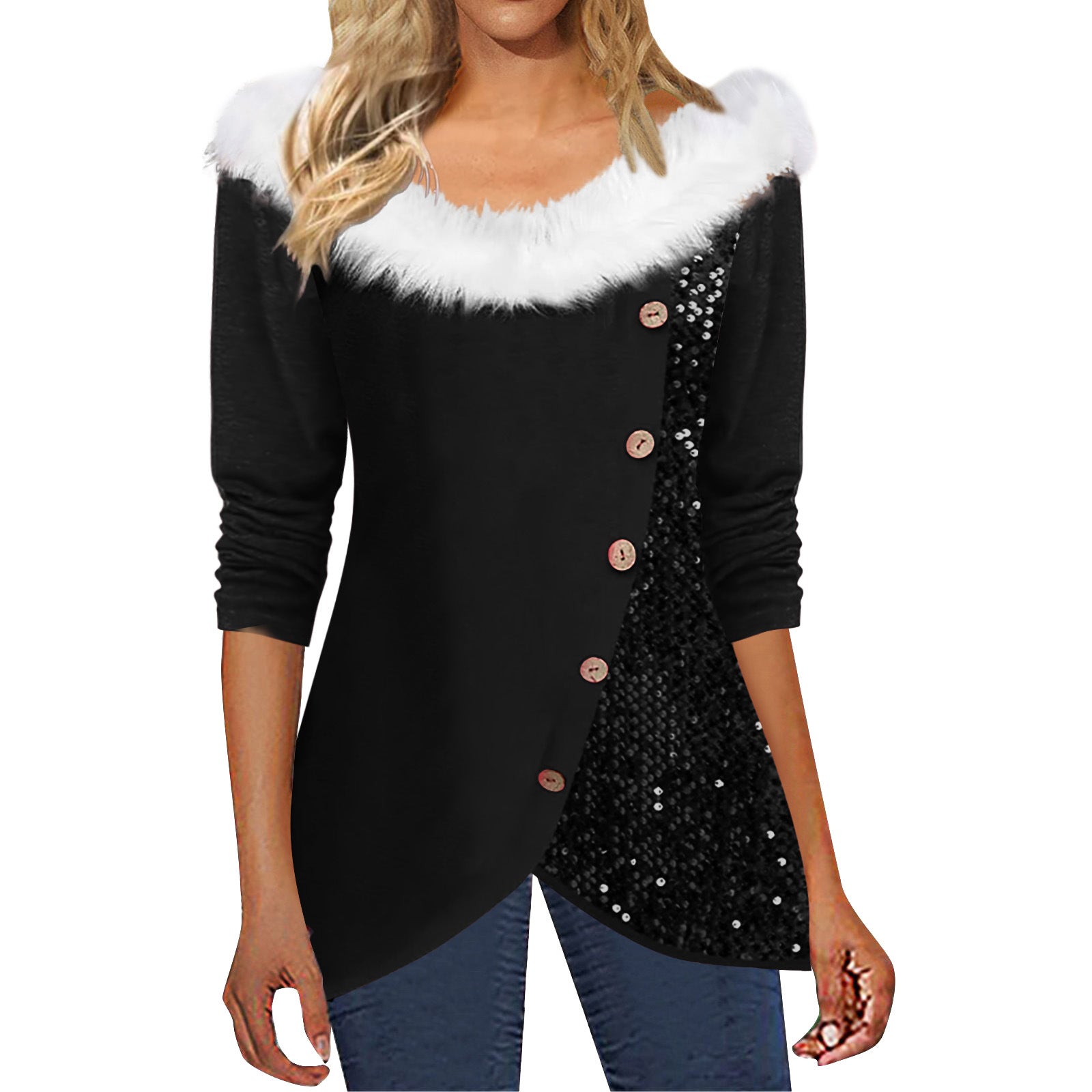Sequin Fur Collar Off-Shoulder Long Sleeve Top