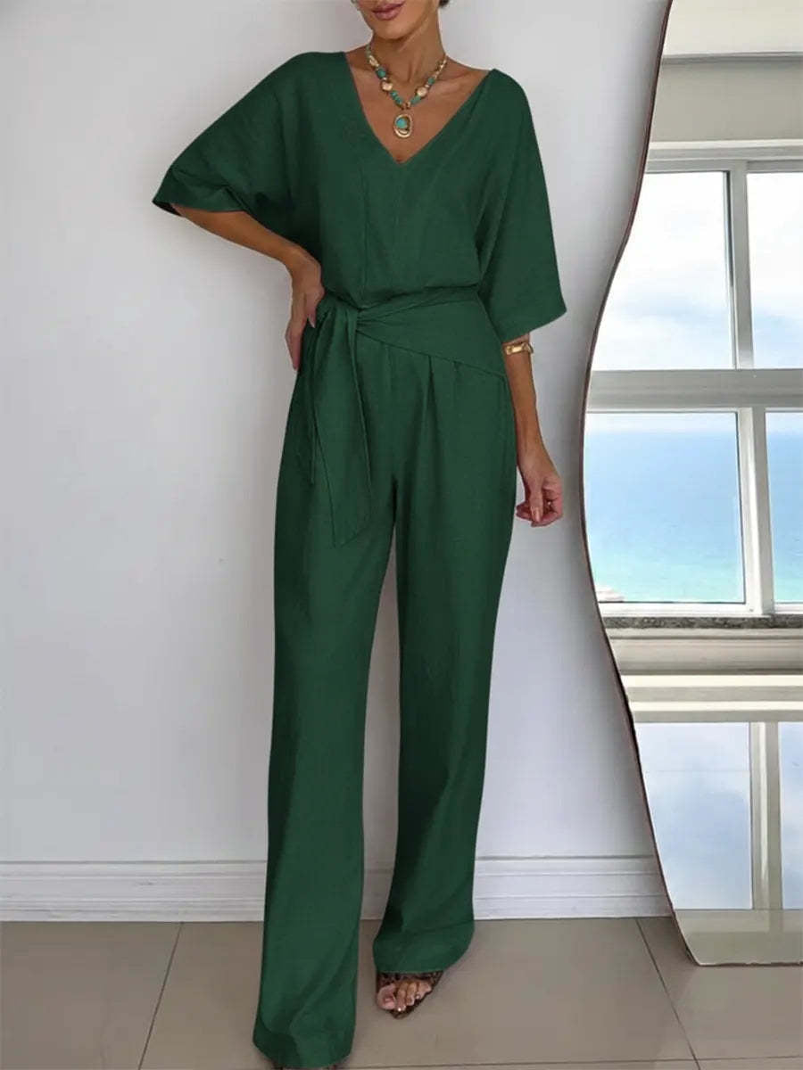 Chic V-Neck Belted Wide-Leg Jumpsuit