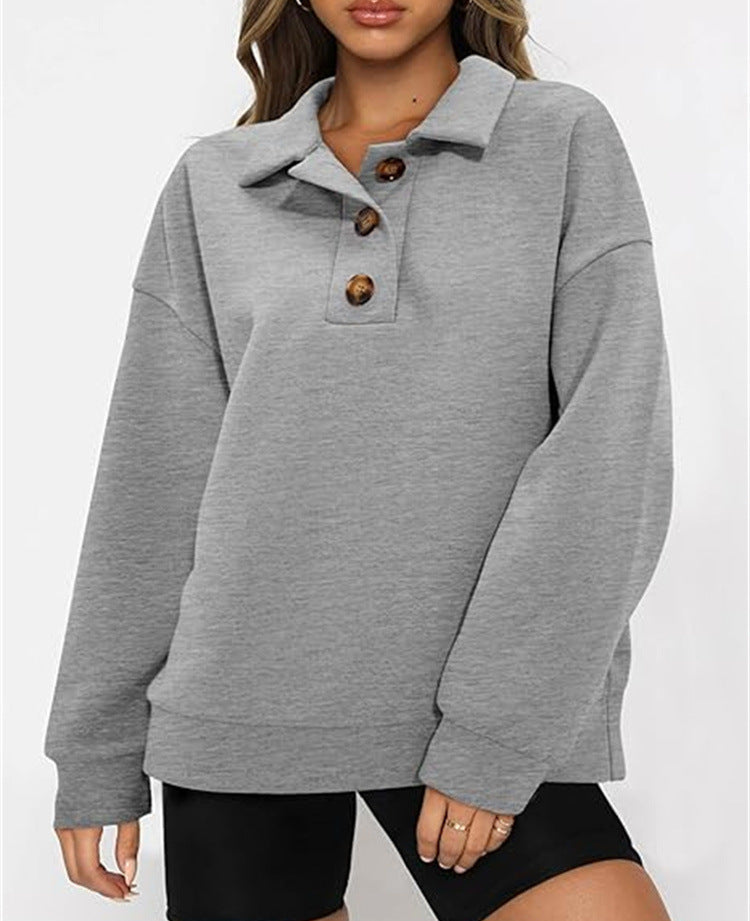 Cozy Solid Color Polo Collar Loose Long Sleeve Sweatshirt