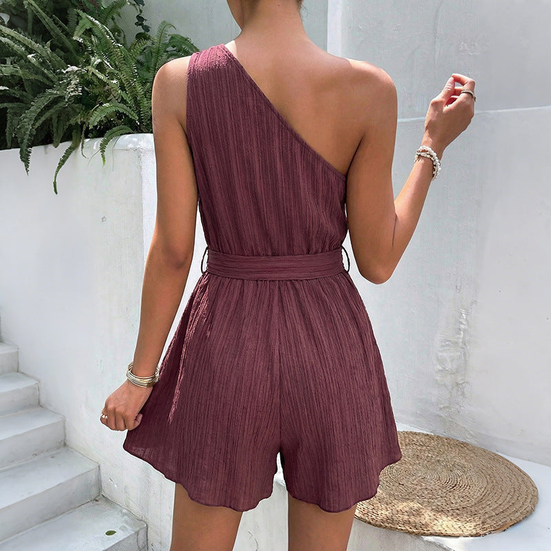 Resort-style Textured Solid-color One-shoulder Lace-up Jumpsuit