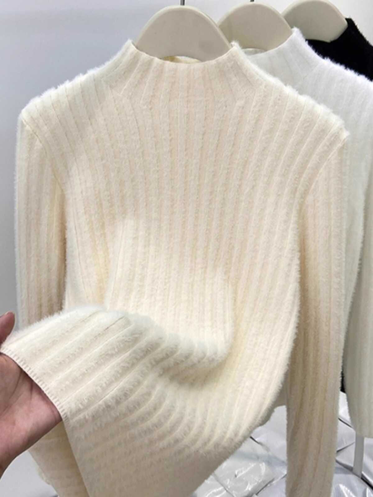 Mink-wool Knitted Mock-neck Base Layer for Spring and Autumn