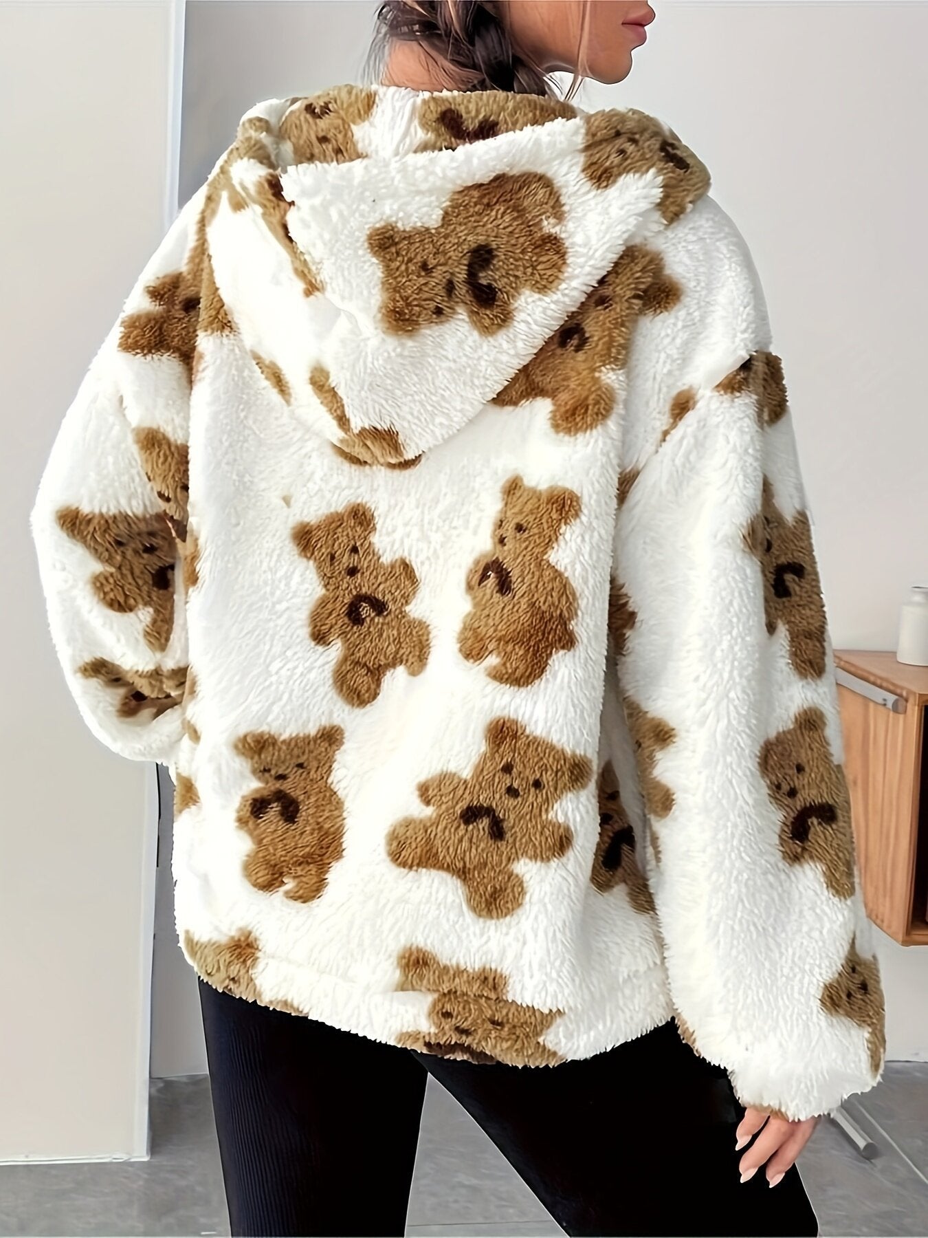 Cute Bear Print Plush Casual Sweatshirt for Women