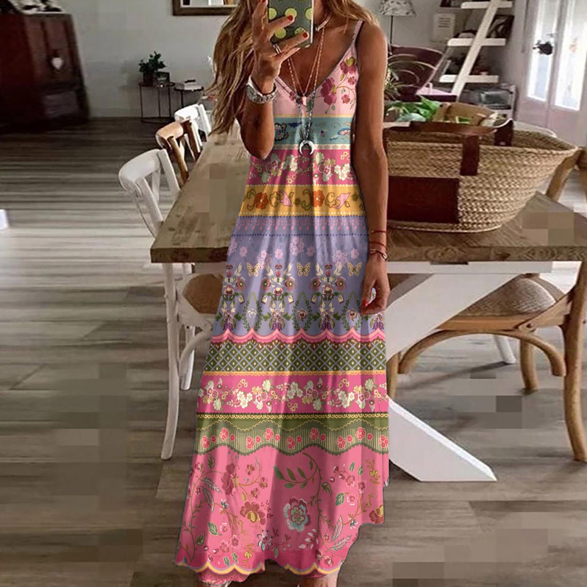 Floral Print V-Neck Strap Maxi Dress