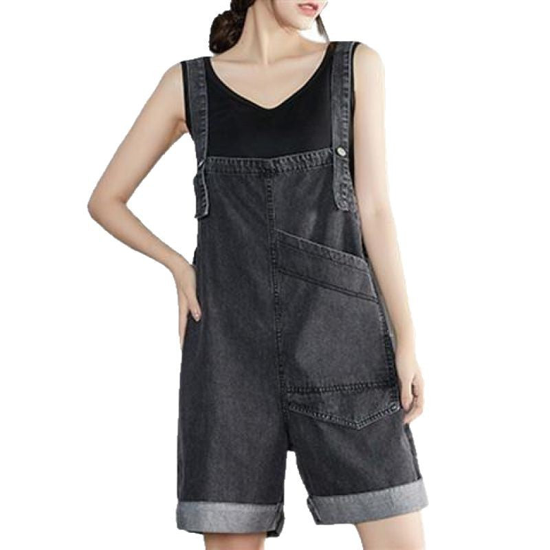 Womens Denim Overalls Summer Loose-Fit Korean-Style Cropped Pants