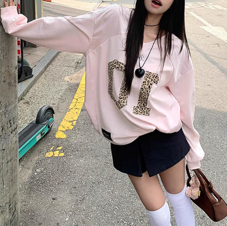 Retro Leopard Letter Long-Sleeve Loose Sweater Top