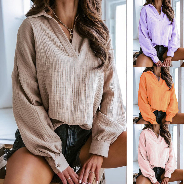 Solid Lapel Lantern Sleeve Casual Shirt