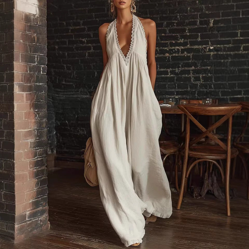 Casual Lace-Trimmed Loose Linen Jumpsuit
