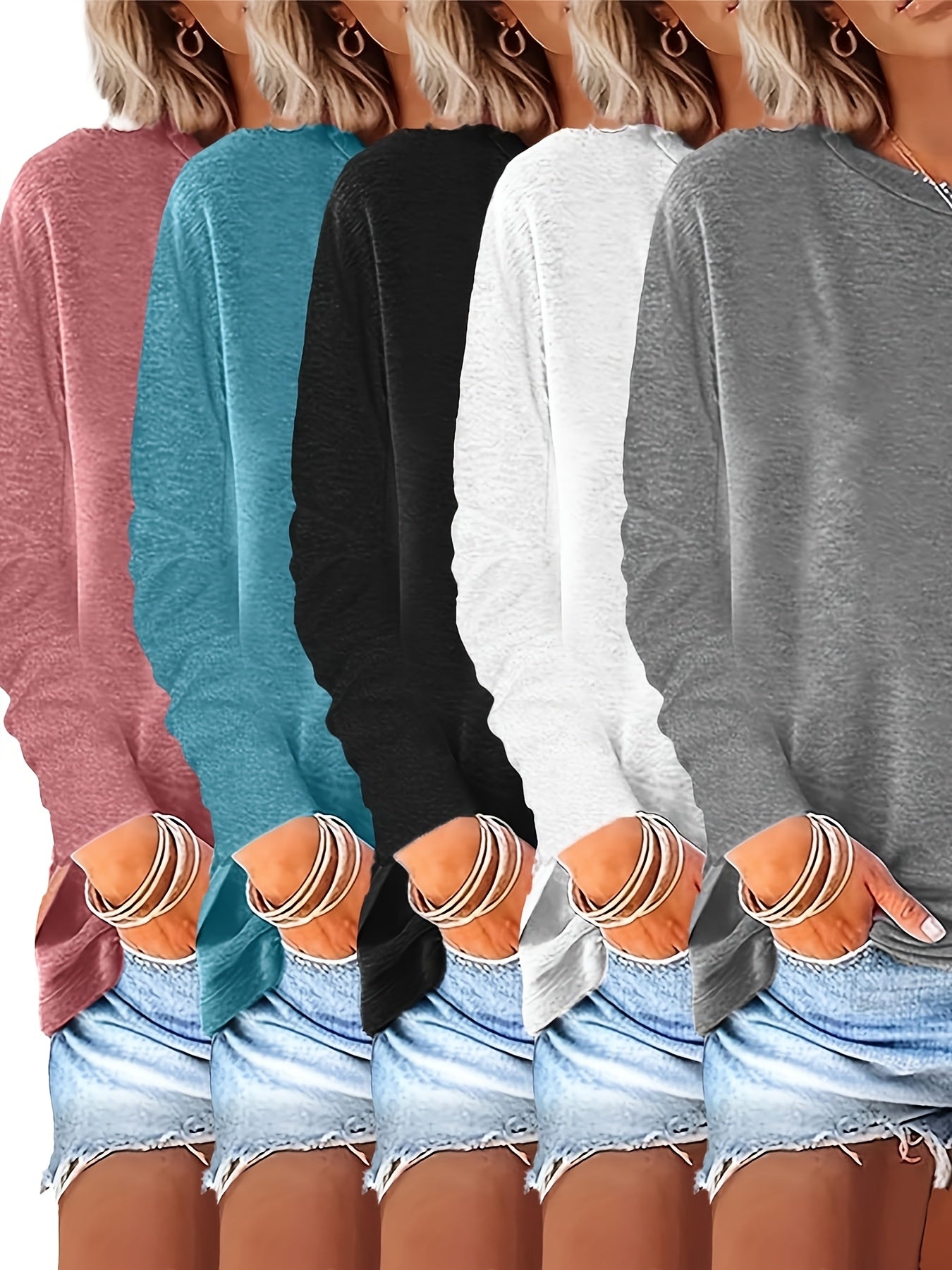 5pcs Women'S Casual Long Sleeve Crew Neck Tops - Soft Polyester, Loose Fit, Solid Colors (Pink, Teal, Black, White, Gray) for Spring & Fall, Versatile Layering Pieces, Relaxed Outfit, Minimalist St...