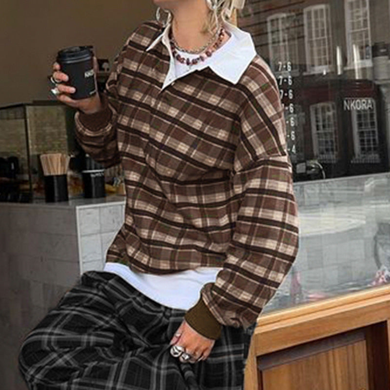 Retro Contrast Check Pullover Streetwear Sweater