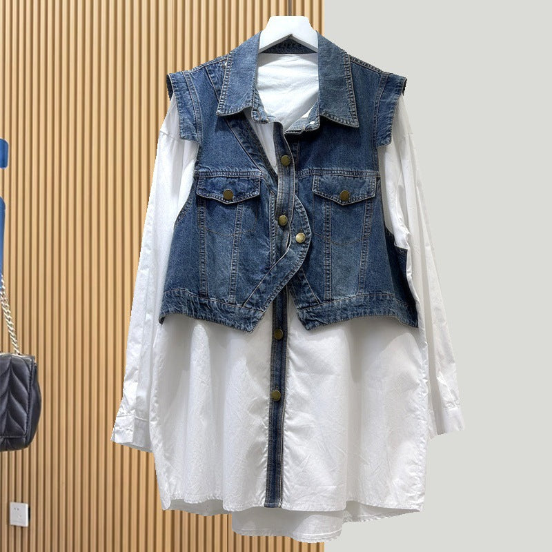 Design Sense Fake Two Pieces Denim Shirt Jacket Women