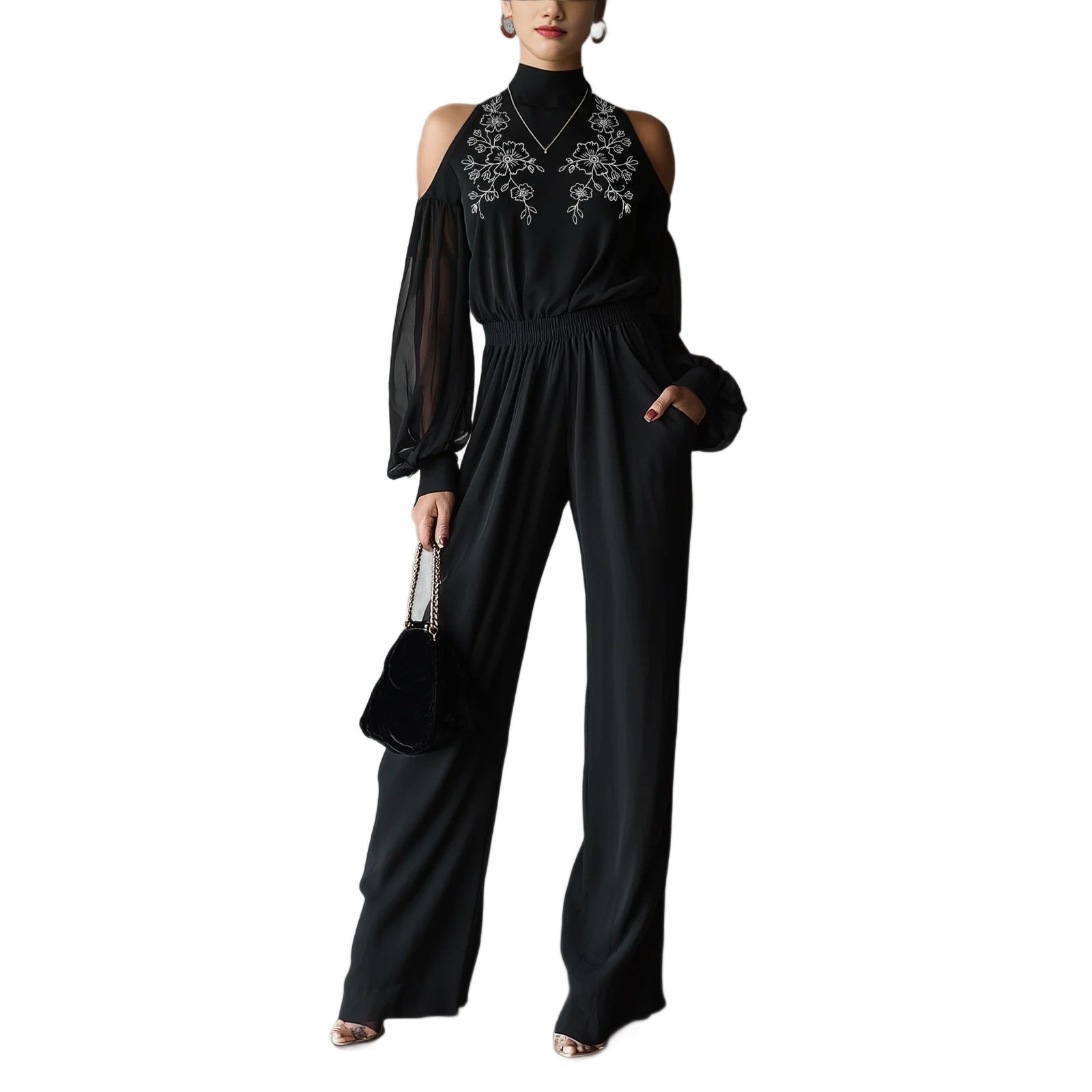 Black Embroidered Womens Long-Sleeve Wide-Leg Jumpsuit