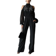 Black Embroidered Womens Long-Sleeve Wide-Leg Jumpsuit