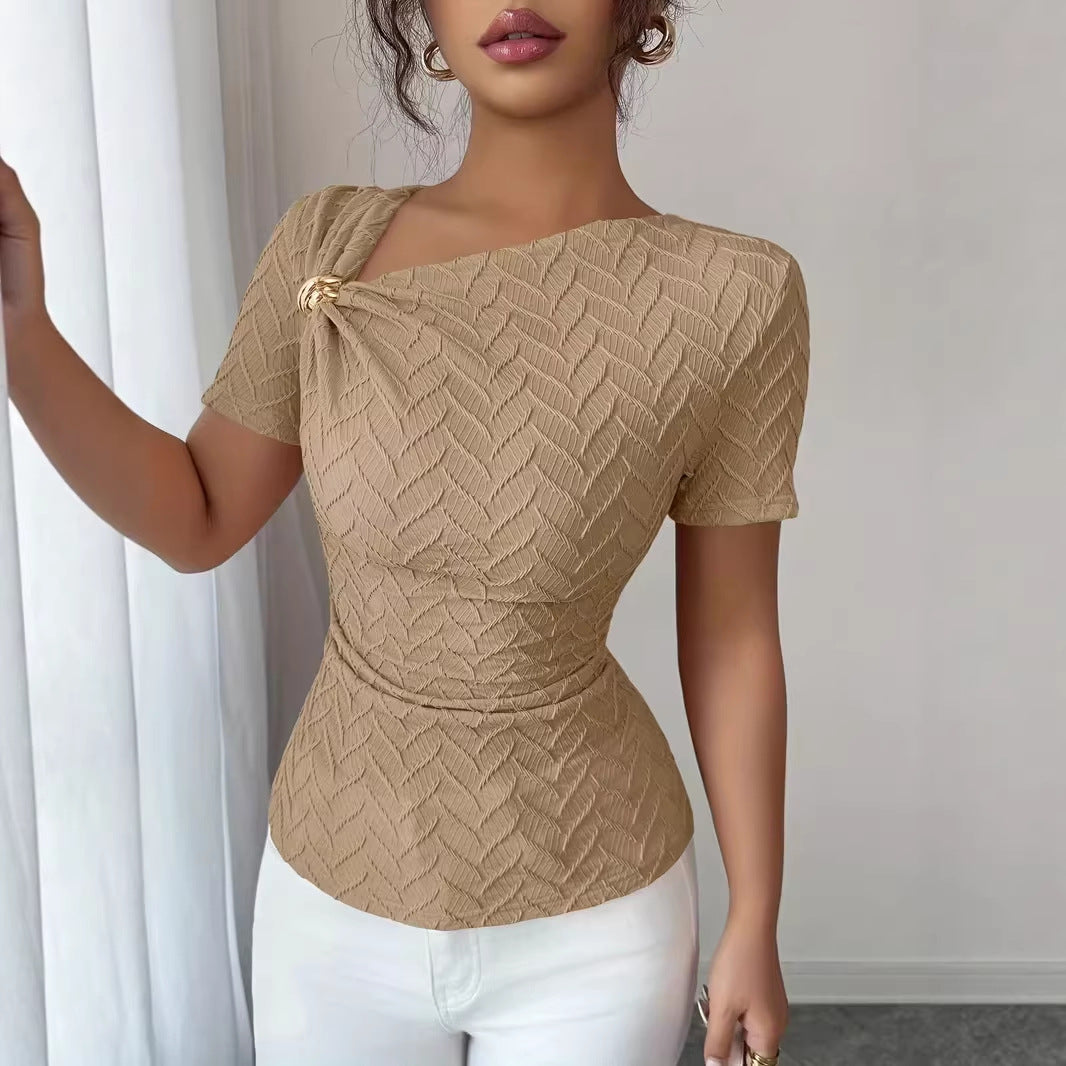 Chic Asymmetric Neckline Top with Metal Buckle – Slim Fit Short Sleeve