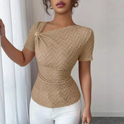 Chic Asymmetric Neckline Top with Metal Buckle – Slim Fit Short Sleeve
