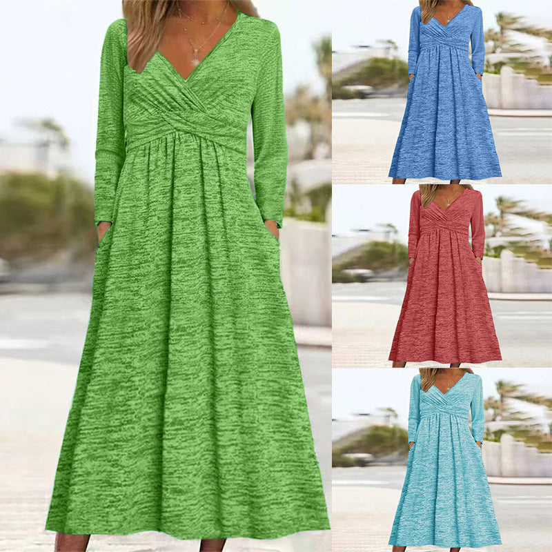 Womens Long-sleeved Casual Pocket Dress
