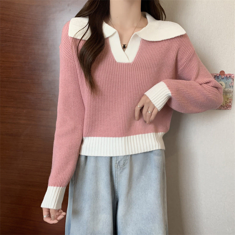 Contrast Color Polo Collar Soft Glutinous Sweater Women's Autumn and Winter