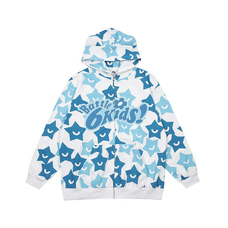 Women's Star Print Zip-Up Hoodie Casual Sweatshirt