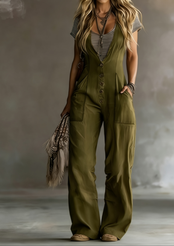 Vintage Single-breasted Strap Wide-leg Jumpsuit